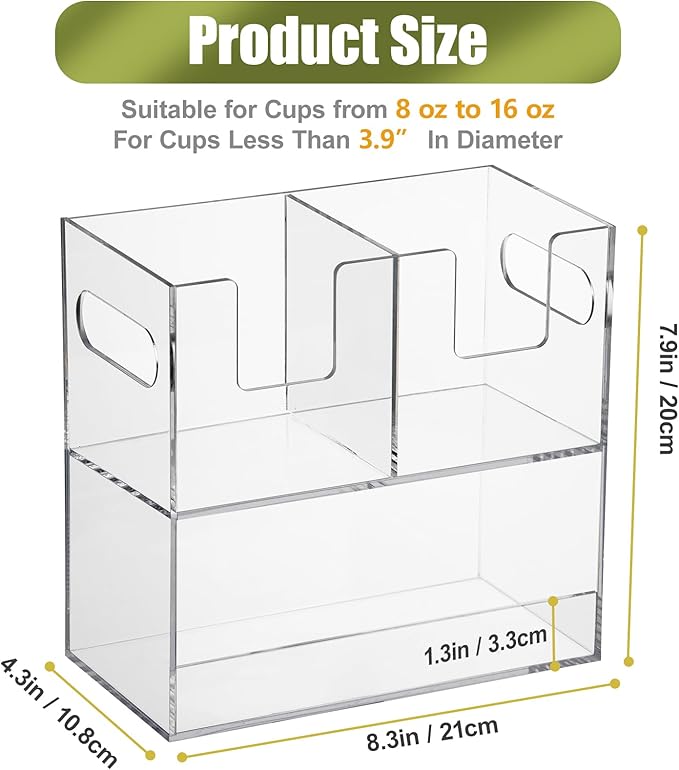 MYITYARD Coffee Cup Holder for Countertop, 2-Tier Clear Acrylic Cup Dispenser, Coffee Bar Accessories Organizer, Paper Cup and Lid Holder with Straw Organizer for Office, Home (3 Compartment)