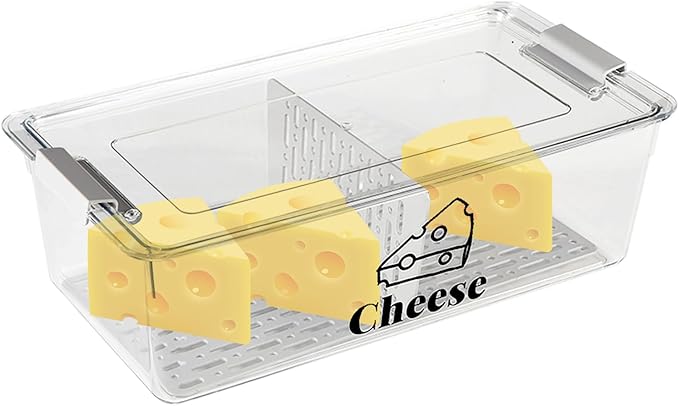 Cheese Container Airtight with Draining Basket Cream Block Cheese Sliced Cheeses Box with Lid for Fridge Shredded Saver 2 Compartment Deli Meat Storage Box,Cheeses Sliced,Grated,Cheddar Keeper