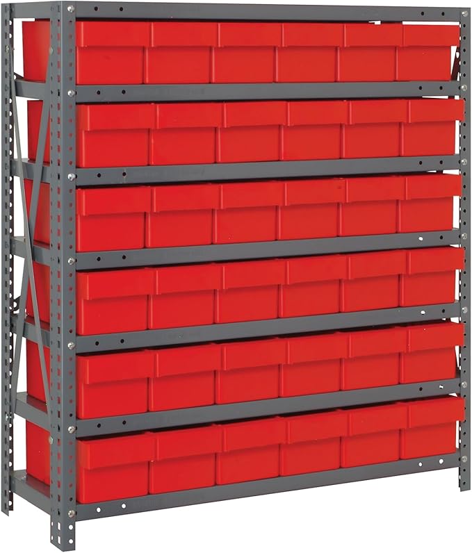 Quantum Storage Systems 2439-603RD Solid Heavy Duty 7 Shelves 36 Super Tuff Euro Red Bins 39" H x 36" W x 24" D