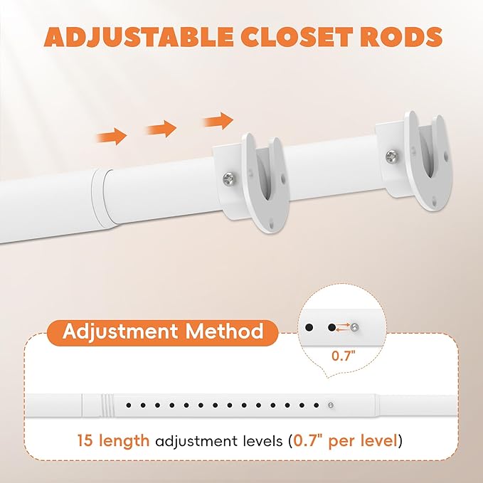 Closet Rod 50-75 Inches, Adjustable Heavy Duty Metal White Closet Rods for Hanging Clothes 1.3 Inches Diameter for Wardrobes Laundry