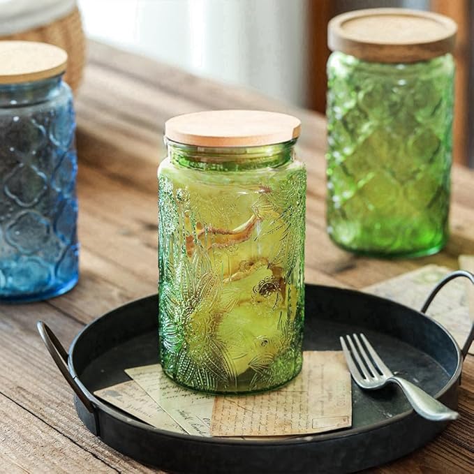 ANSQU Set of 2 Vintage Glass Jars, 34oz Candy Jars with Lids, Vintage Colored Mason Jar for Kitchen Decorative Jars for Coffee Tea Candy Cookies, Cute Jar (Blue & Green)