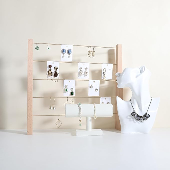 GemeShou 5 Tiers Beech Earring display stands for selling, Wooden Jewelry Shelf, Earring Storage Organizer, Brass earring holders with 30 PVC cards for stud Dangle Hoop【Beech 5-Tier】