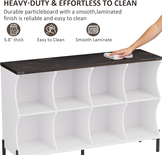 8 Cube Storage Shelf Organizer, Low Book Shelf Bookcase Entryway Table, Wood Closet Storage Display Cabinet TV Stand for Living Room, Office,Bedroom, Dorm, White with Dark Brown Top