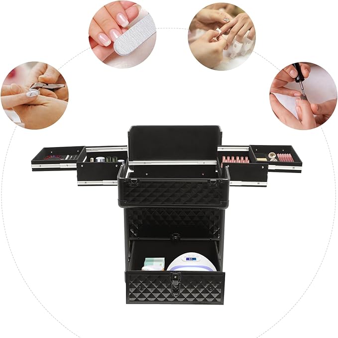 Professional Rolling Makeup Train Case with Lock, 7 Compartments 44lbs Capacity Rolling Nail Case Adjustable Organizer for Makeup Artists, Hairstylists, Pet Groomers (Black)