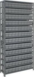 Quantum 1275-501GY Heavy Duty Shelving Unit with (13) Shelves and (108) QED501 Gray Bins for Garage Warehouse Storage Distribution | 400 lb Load Capacity | 12"D x 36"L x 75"H, Galvanized Carbon Steel