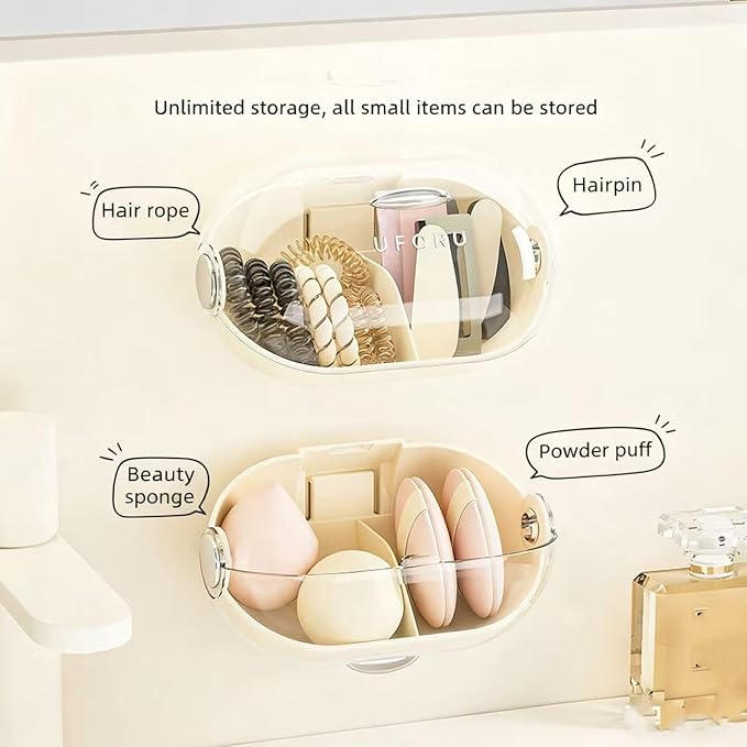 Makeup Sponge Storage Case Wall-Mounted No-Drill Makeup Sponge Holder 2-Tier With Cute Big-Eye Stickers (Cream White,1-Piece Set)