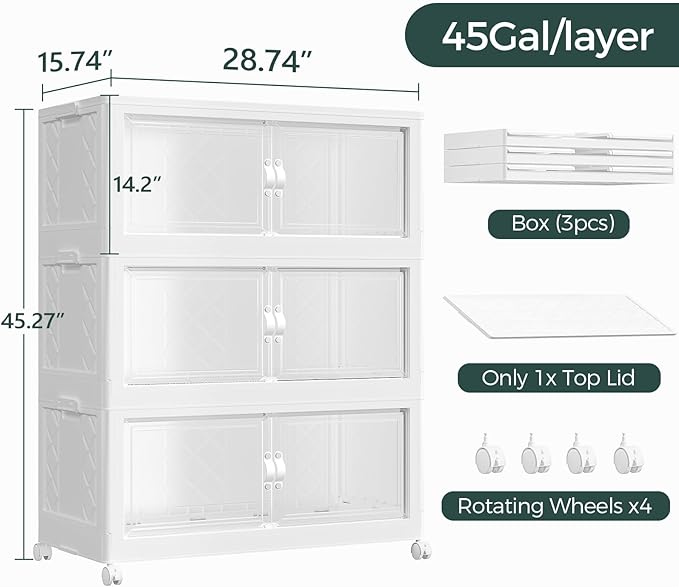 540QT Extra Large Stackable Storage Bins with Lid, 135Gal Collapsible Closet Organizer Box with Wheels, Folding Plastic Storage Cabinet with Doors for Home Kitchen Office Dorm, 3Pack White