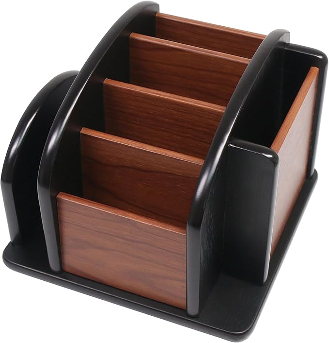 Coideal Remote Control Holder Caddy - Wooden Rotating Coffee Table Organizer Large Spinning Wood Remote Holder for Living Room Office (6 Compartments, Brown & Black)