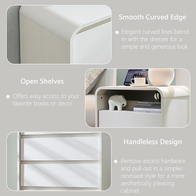 25" Tall Modern Nightstand Set of 2, 23.6'' Wide Wood Bedside Table w/2 Storage Drawers, Charging Station, Mid Century End Table for Bedroom, Living Room,Curved Profile Design, Antique White