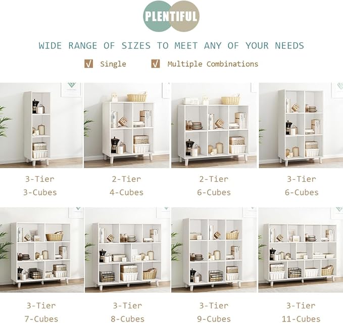 IOTXY Open Cube Low Bookcase - 3-Tier Freestanding Storage Display Cabinet Organizer with Legs for Home Office, 6-Cubes Open Shelf Short Bookshelf, White
