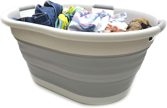 SAMMART 57L (15 Gallons) Collapsible 3-Handled Plastic Laundry Basket - Oval Tub - Portable Washing Tub-Space Saving Laundry Hamper, Water Capacity 44L / 11.6 Gallon (1, Grey)