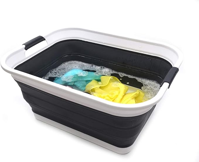 SAMMART 42L(11 gallon) Set of 2 Collapsible Plastic Laundry Basket-Foldable Pop Up Storage Container-Portable Washing Tub-Space Saving,Water capacity 34L(9 gallon) (2 rectangular - strengthen, black)
