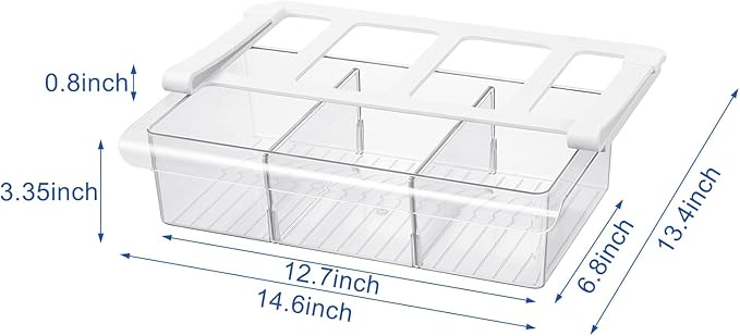 Pull-Out Fridge Drawer Organizer - Under Shelf Storage Bins for Refrigerator Organization for Fruits Vegetables, Cheese & Deli (Tall & Wide with dividers)
