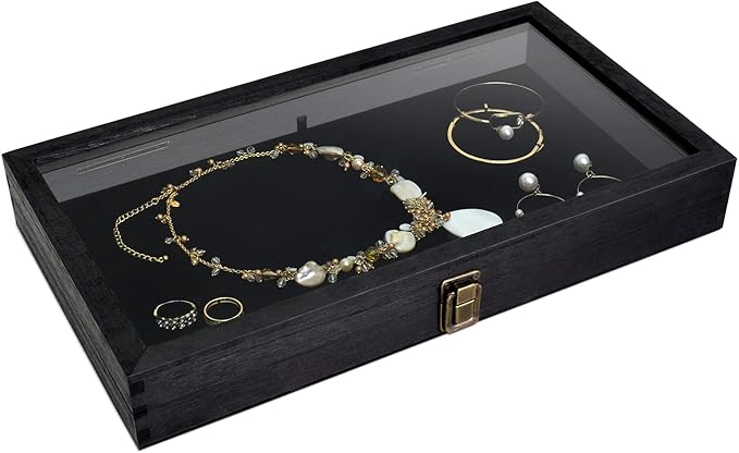 MOOCA 2 Pcs Wooden Jewelry Display Case, Pocket Knife Display Case with Tempered Glass Top Lid and Removable Black Luxurious MDF Velvet Jewelry Pad, Black Color