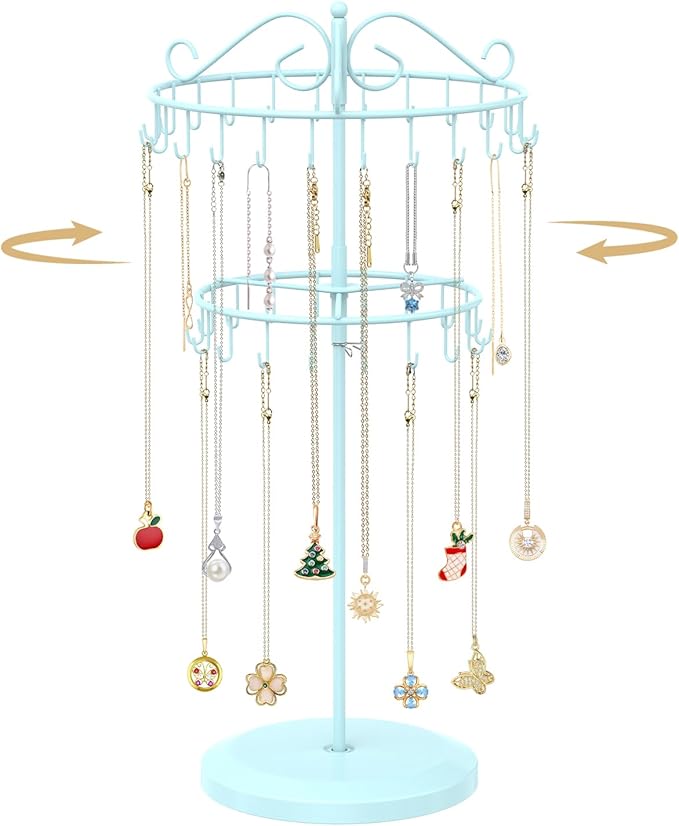 MODOWEY Rotating Necklace Holder Organizer Display Stand with 42 Hooks, 2 Tier Adjustable Metal Tree for Long Necklace Hanger Selling, Tall Spinning Bracelet Storage Rack for Men Women, Blue