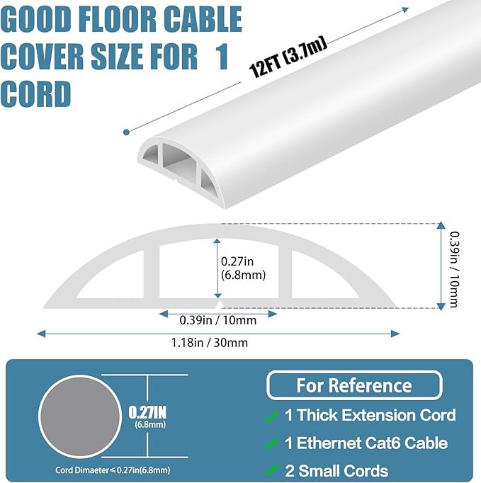 Floor Cord Covers for Wires 12FT Cable Hider Wire Cover Self Adhesive Cord Hider Floor for Offices, Homes, Workshops, Warehouses Cable Cavity 0.39" W x 0.27" H