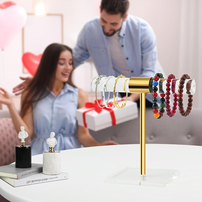 Acrylic Bracelet Holder Display Stand, Tangle-Free T-Bar Necklace Display for Vendors Retail Store Home, Clear Jewelry Organizer, Bangles Watch Holder Stands with Gold Stainless Rod