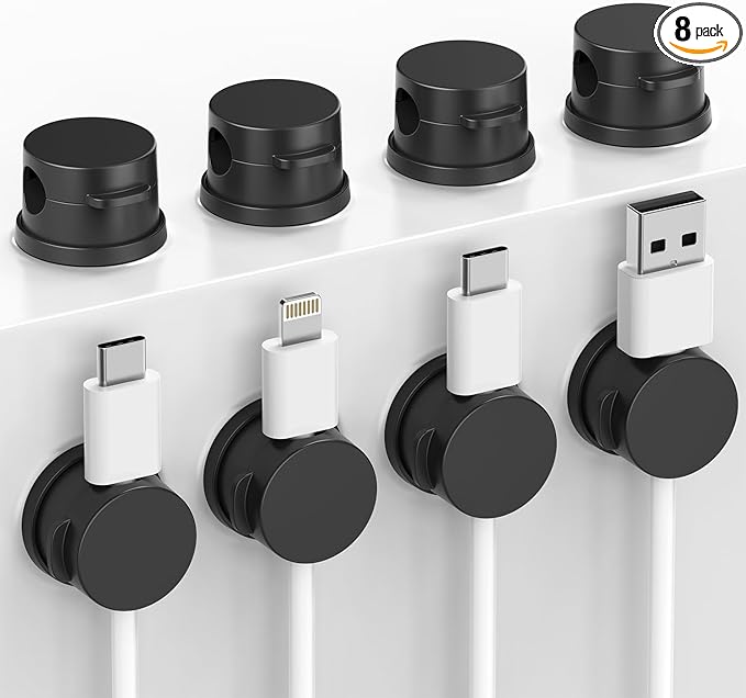 Cord Organizer, Rotatable Cable Organizer 8 Pack, No-Residue Adhesive Spring Cable Clips, Cord Holder for Nightstand, Kitchen, Office Accessories and Car (Black)
