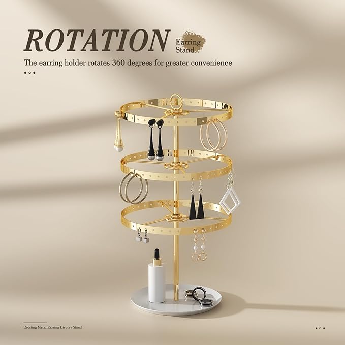 3 Tiers Earring Holder Organizer, Metal Rotating Earring Stand Adjustable Display Tree, 126 Holes Carousel Rack for Stud Hoop Pierced Dangling Women, Perfect View for All Earrings (Gold)