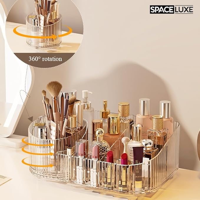 Makeup Organizer with Drawers and 360° Rotating Brush Holder, Large Capacity Cosmetic Storage for Vanity, Skincare, Perfume, Hair Accessories, Lipstick & Jewelry (Clear, 2-layer)