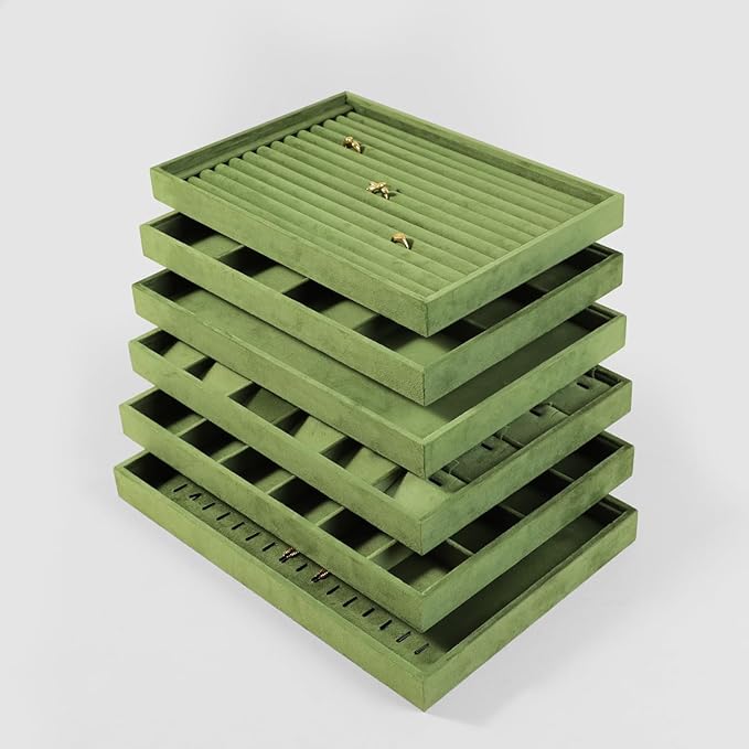 Velvet Stackable Jewelry Display Flat Tray For Ring Earring Necklace Bracelet, Bangle Pendant Storage Blank Plate, Shop Countertop Jewelry Dish Organizer (Olive Green)