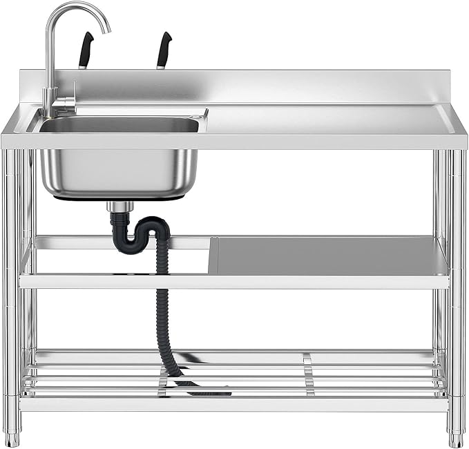 Free Standing Stainless-Steel Single Bowl Commercial Restaurant Kitchen Sink Set w/Faucet & Drainboard, Prep & Utility Washing Hand Basin w/Workbench & Double Storage Shelves Indoor Outdoor (47in)