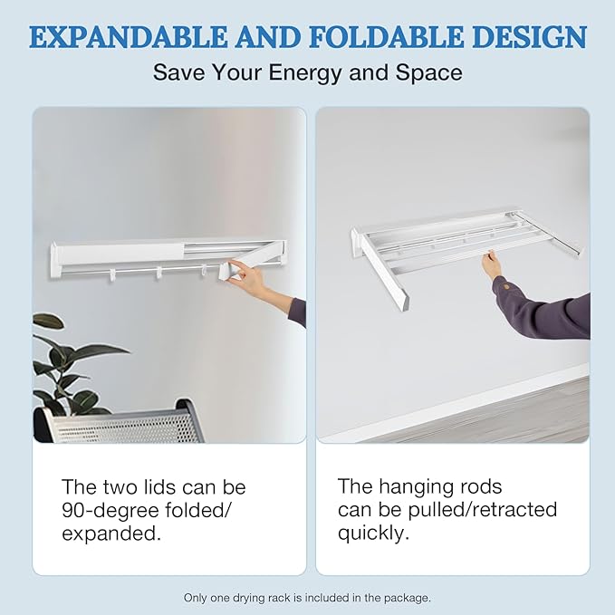 Wall Mounted Drying Rack, Foldable Wall Mount Laundry Rack Folding Indoor Drying Rack Clothing Collapsible with 4 Moveable Hooks and 7 Aluminum Drying Rods for Indoor Outdoor Hanging Clothes