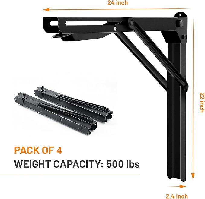 Wallmaster 24inch Folding Shelf Brackets Garage Heavy Duty Steel Max Load 500lb Floating Wall Mounted Collapsible Shelf Bracket Space Saving (Pack of 4, No Board)
