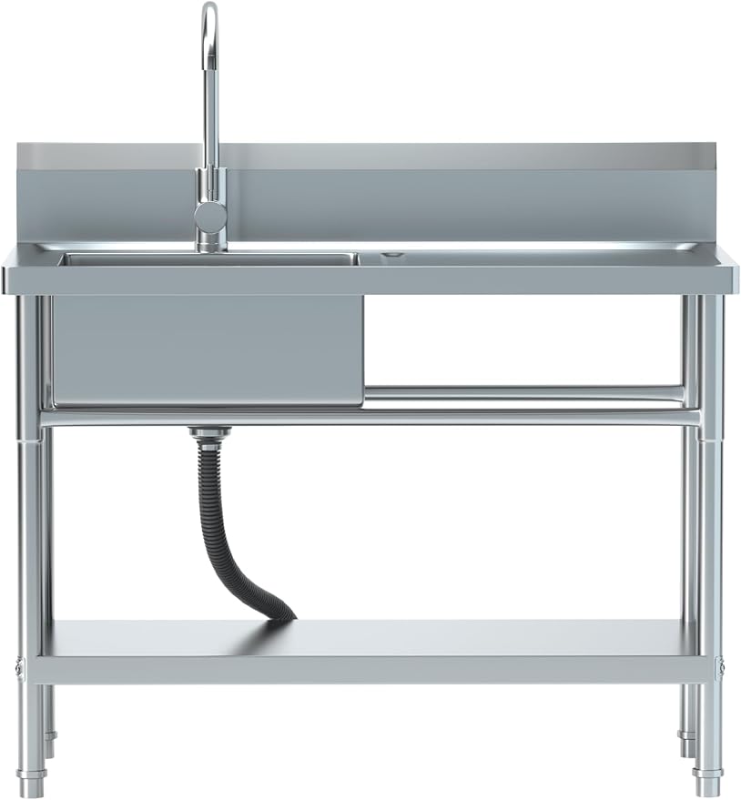 Stainless Steel Utility Sink, Free Standing Single Bowl Kitchen Sink with Cold and Hot Water Pipe, worktop,Indoor and Outdoor for Laundry Room Farmhouse Kitchen