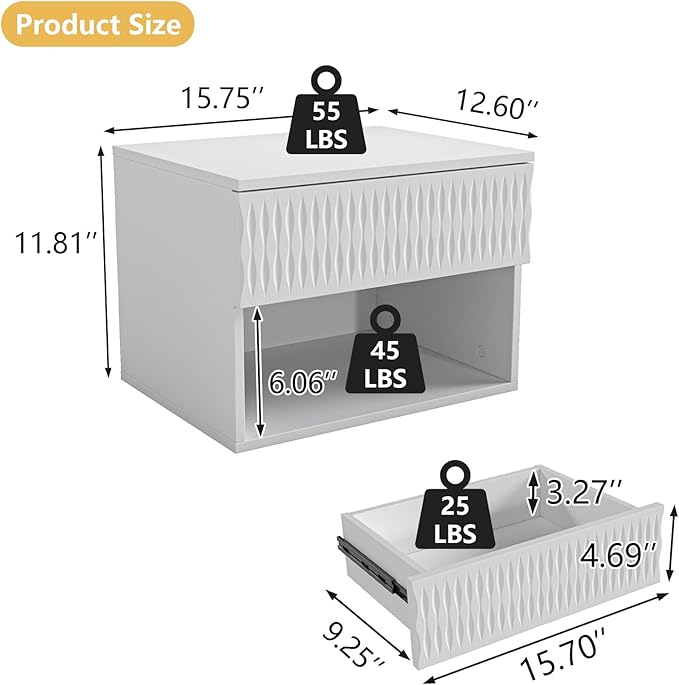 Vibe & Dine Floating Nightstand Set of 2, Wall Mounted Night Stand with Spiral Pattern Design, Modern Bedside Tables with Drawers for Bedroom, Easy Assembly, White