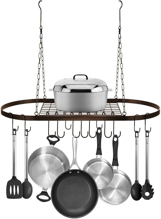 Sorbus Pot and Pan Rack for Ceiling 31" with 10 S Hooks — Decorative Oval Mounted Storage Rack — Multi-Purpose Organizer Great for Home, Restaurant, Kitchen Cookware, Utensils, Books, (Bronze)