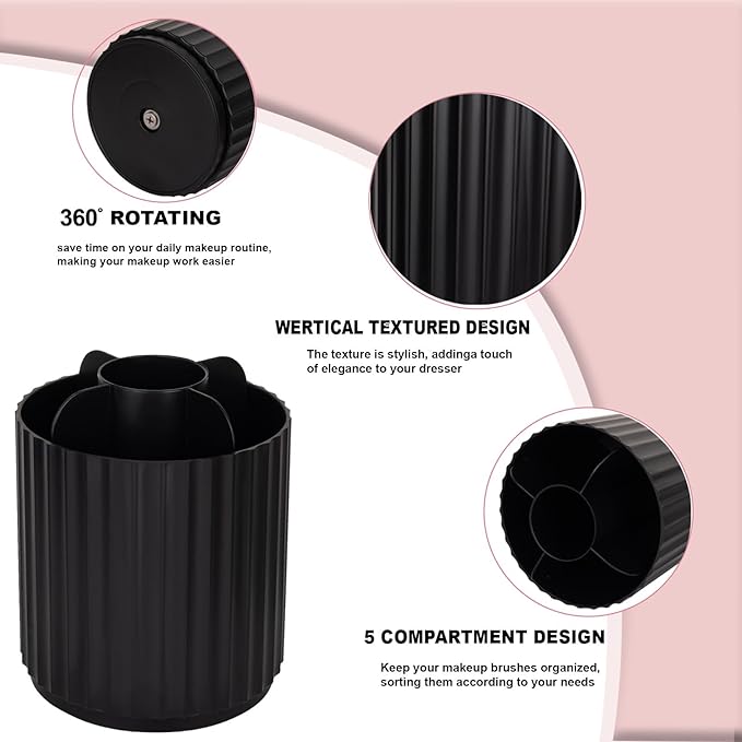 Anyoifax Makeup Brush Holder Organizer 360°Rotating Make Up Brushes Container for Vanity, Spinning Cosmetics Storage Cup, Stripe Black