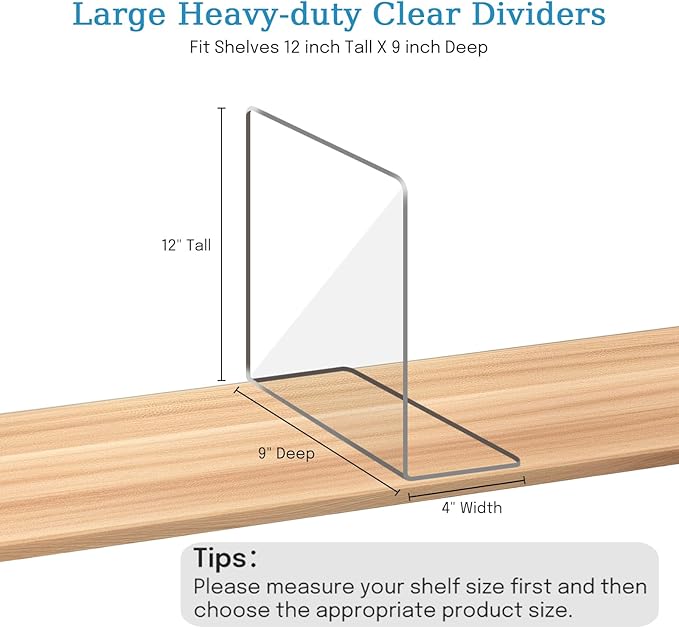 OKPOW Shelf Dividers Closet Organizer - 12" Tall X 9" Deep Acrylic Clear Sturdy Separate for Clothes Purse - Adjustable Space Saver Easy Install for Home Organization Enthusiasts 4 Pack