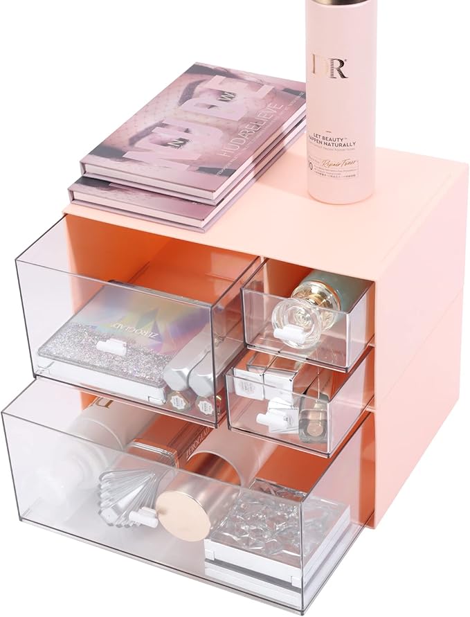 Desktop Stackable Storage with 1 Deep Drawer, Stackable Plastic Storage Drawer, Desktop Accessories & Workspace Organizer, Office Stationary, Bathroom, Makeup Skincare Organizer, Pink