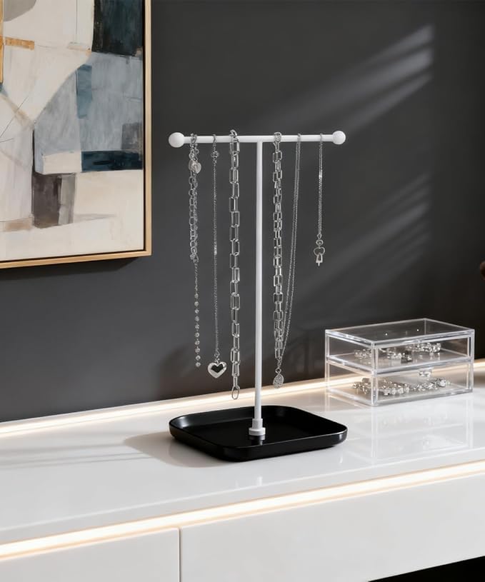 VROOMIUM Necklace Holder- Ceramic Base 1ft Height Jewelry Organizer Stand, Aesthetic Jewelry Hanger Display for Necklaces, Bracelets, Rings, Exhibidor de Collares-Minimalist Black