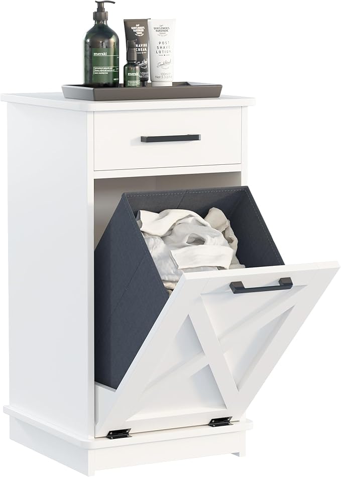 White Tilt Out Laundry Hamper Cabinet Hidden Laundry Hamper with Drawers and Baskets for Bathroom Hamper Cabinet with Storage for Kitchen Living Room,16x16x30in（Barn door panel）