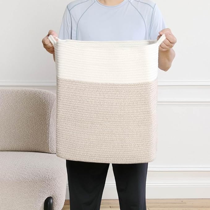Tall Laundry Basket With Handles,Woven Cotton Rope Big Laundry Hamper Sorters,Versatile Storage for Dirty Clothes,Baby Toys,and Blankets in Bathroom, Nursery,and Living Room (White Brown, 80L)