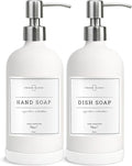 Vine Creations White Glass Soap Dispenser, 2 Pack Kitchen Soap Dispenser Set with Stainless Steel Pump, 16 oz Dish Soap and Hand Soap Dispensers for Bathroom with Waterproof Labels