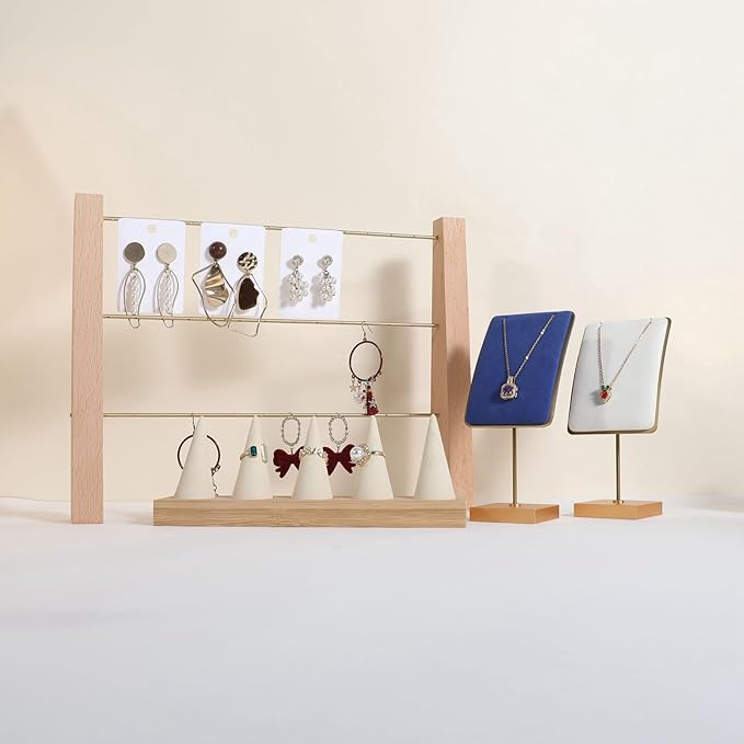 GemeShou 3 Tiers Beech Earring display stands for selling, Wooden Jewelry Shelf, Earring Storage Organizer, Brass earring holders with 42 holes for stud Dangle Hoop【Beech 3-Tier】