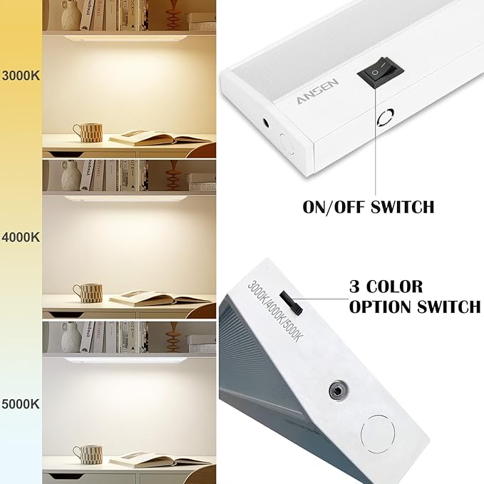 Ansen 3Packs of Under Cabinet Lights for Kitchen, 48in 26W 1720LM, Dimmable Hardwire Led Light for Closet, CRI>92, R9>90, 3 Color Temperature, 3000K/4000K/5000K(Warm White, Cool White, Daylight)