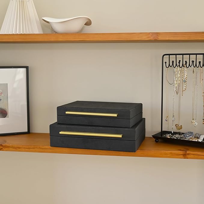 Faux Shagreen Leather Jewelry Boxes Set of 2 with Gold Handles, Decorative Organizer Storage Box for Rings, Earrings, Watches, Dresser, Vanity, Stackable, Black