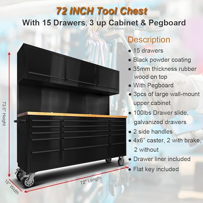 72 inch 15 Drawers Tool Chest with 3 Up Cabinet & Pegboard (Black)