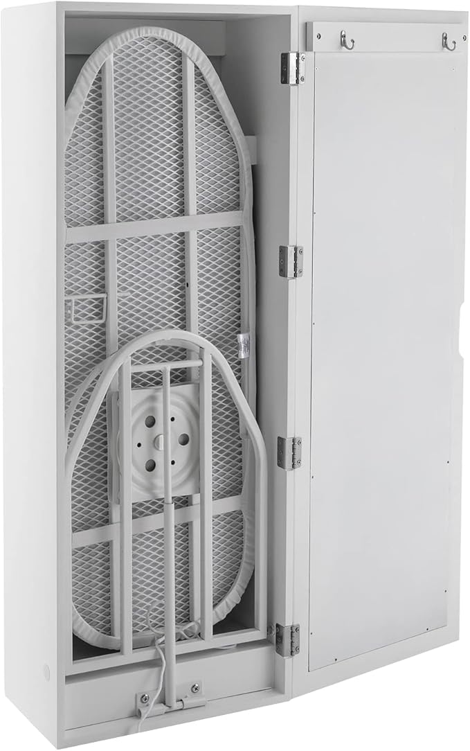Space-Saving Wall Mounted Ironing Cabinet with Mirror – Rotating Ironing Board, 4 Shelves & 2 Hooks for Clothes Storage & Dressing, Ideal for Small Spaces, Apartments & RVs