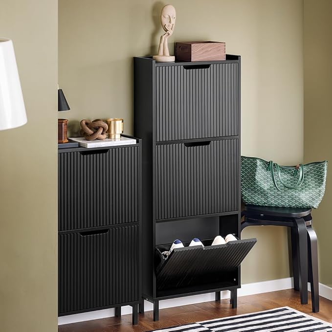 SoBuy Shoe Cabinet, Narrow Shoe Storage Organizer for Entryway, Thin Free Standing Shoe Rack Porch Front Door 3 Drawers, Black FSR177-H-SCH