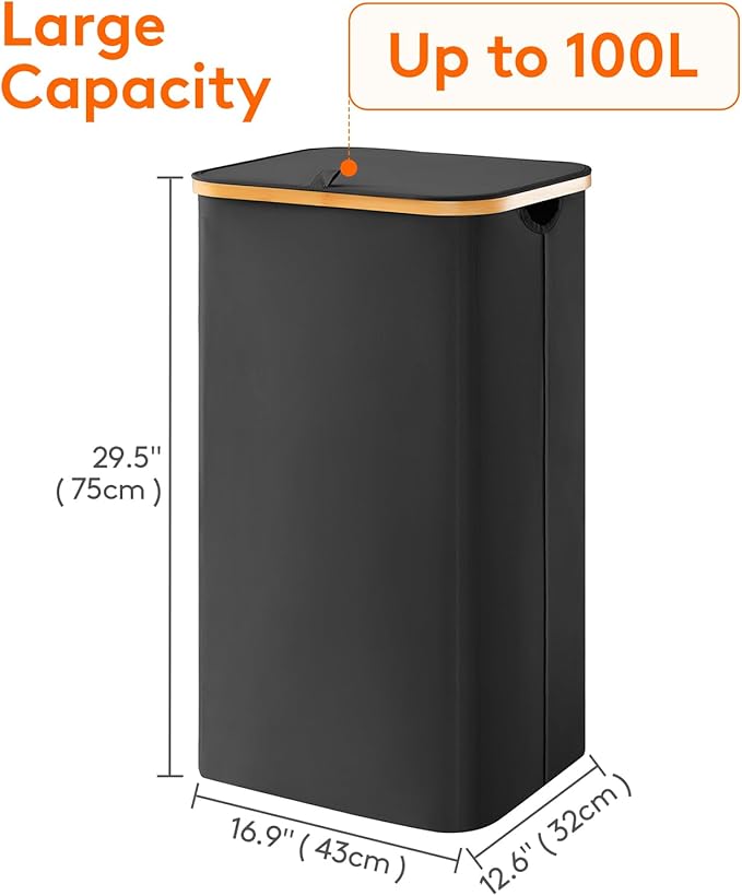 Lifewit 100L Laundry Basket with Lid, Clothes Hampers for Laundry with Bamboo Handles and A Removable Bag, Large Foldable Laundry Hamper for Bedroom, Bathroom, Dorm, Laundry Room, Black
