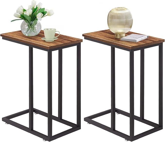 VECELO C Shaped End Side Table for Sofa Couch and Bed Snack TV Tray for Living Room Bedroom, 2 PCS, Brown