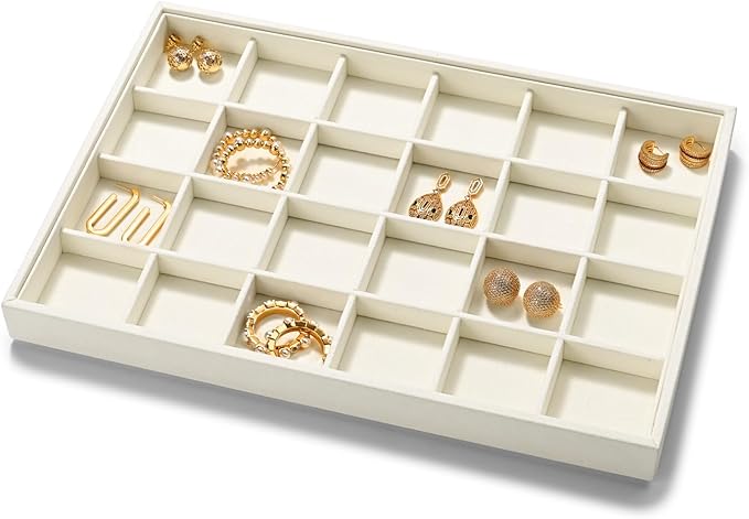 24 Grids Microfiber Jewelry Trays Ring Earrings Organizer Tray Stackable Jewelry Drawer Organizer(Beige)