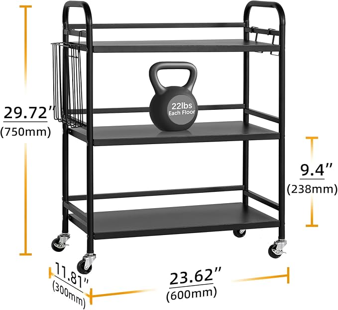 HDANI 3 Tier Metal Rolling Utility Cart,High Capacity Multi Purpose Heavy Duty Cart for Office,Kitchen,Living Room,Bedroom,Black