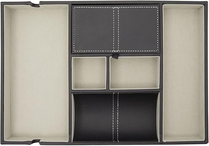 Juvale Nightstand Organizer Tray - 14 x 10 x 1.5 in, Black Faux Leather - Valet Tray for Men with 6 Compartments for Watch, Jewelry & Keys
