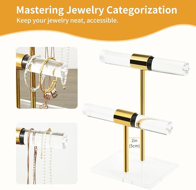 Acrylic Bracelet Holder, Necklace Holder Display Stand, 2 Tier T-Bar Jewelry Organizer, Stainless Rod Tangle-free Countertop Jewelry Rack for Vendors Retail Store Home, Gfit for Women